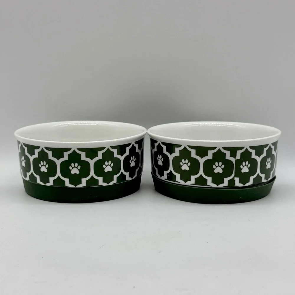Bone Dry Paw Lattice Print Non-Skid Ceramic Set of 2 Dog Or Cat Bowls 4.25